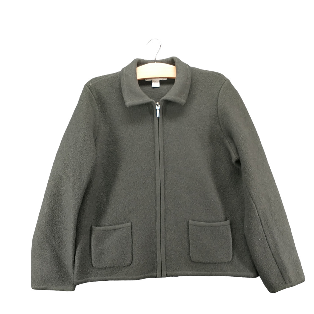 Petite Sophisticate Women's Full Zip Jacket Green Medium Patch Pockets 100% Wool